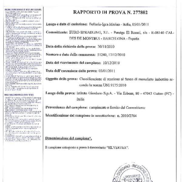 silvertex - flammability UNI 9175